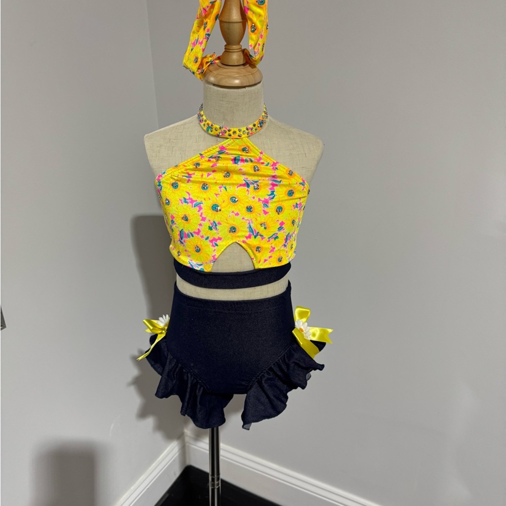 Yellow Floral Halter Top and Black Ruffle Skirt Set Dance Costume 7-8 year old